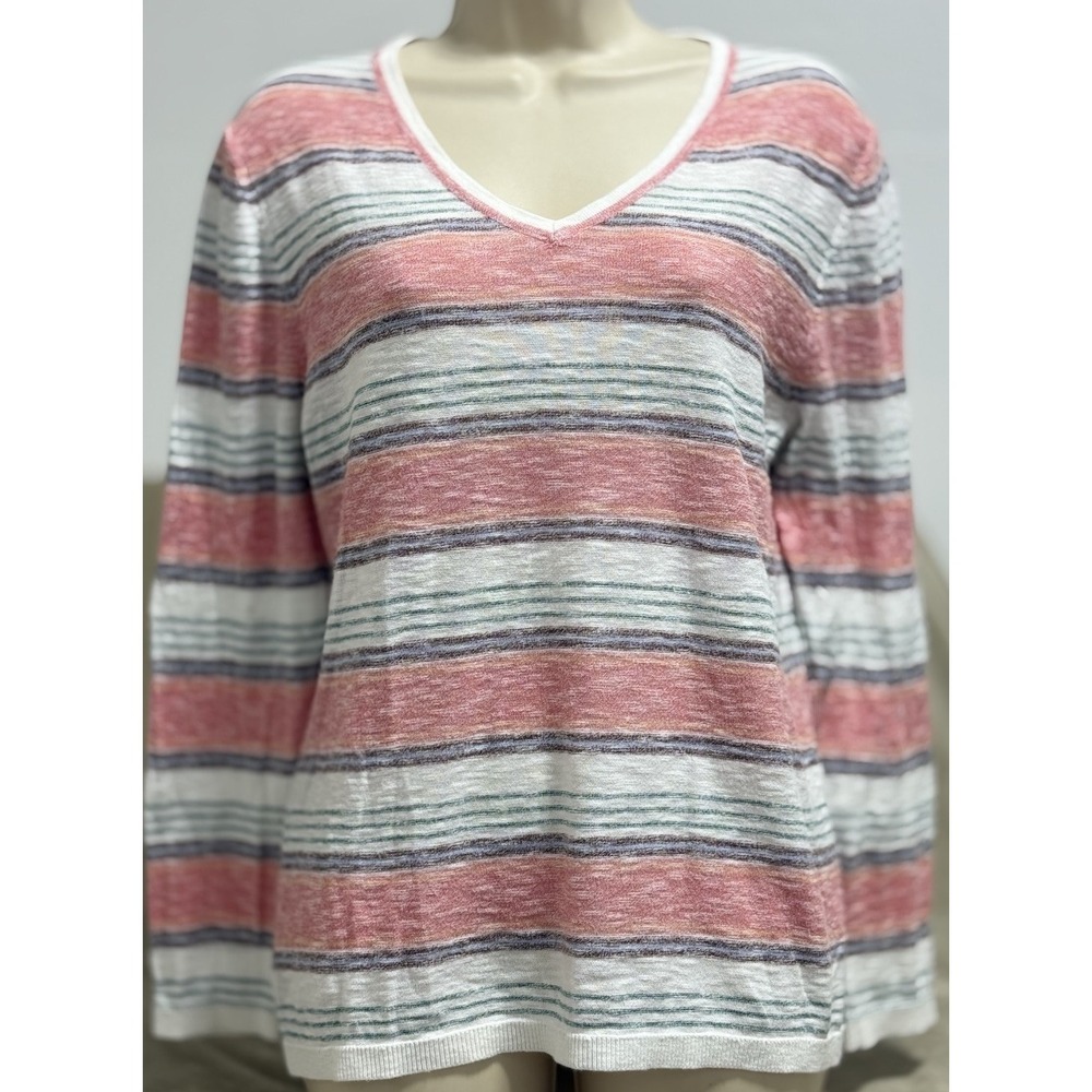 Tommy Hilfiger, Long Sleeve V-Neck, Striped Shirt Women's Size Medium Red‎ White